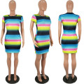 Wholesale cheap 2021 women new style rainbow printed high quality short sleeve fashion sexy elegant casual slim t shirt dress